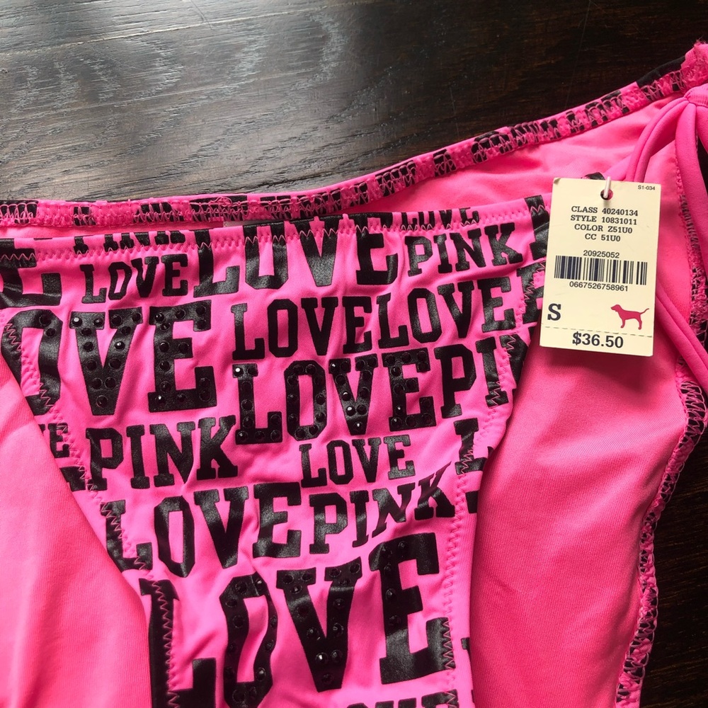 PINK Victoria’s Secret Love Pink Print Ruched Rhinestone Bikini Bottom - Picture 4 of 16